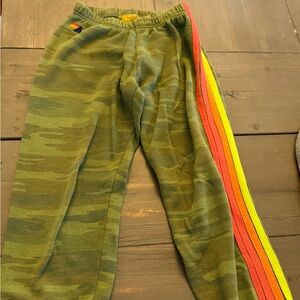 Aviator Nation Green Camo Sweatpants with Rainbow Stripes